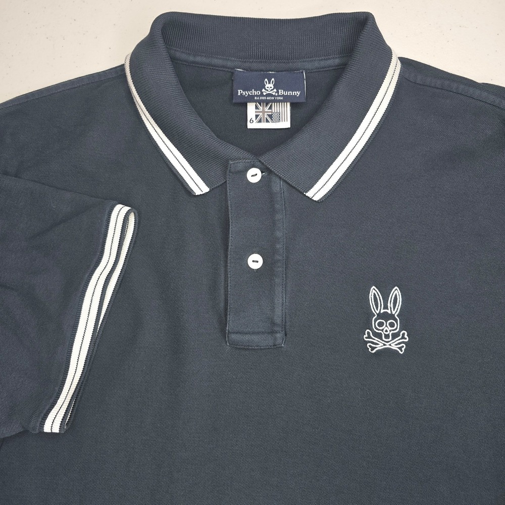 PSYCHO BUNNY‎ Men's Large Size 6 Blue White Short Sleeve Polo Shirt -1996